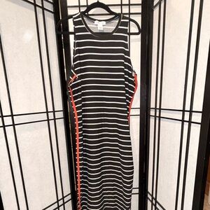 Planet Gold Black and White Striped Midi Dress with Red Trim